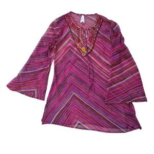 California Breeze Tunic Woman's S Purple Pink Striped Beaded Boho Beach Vacation